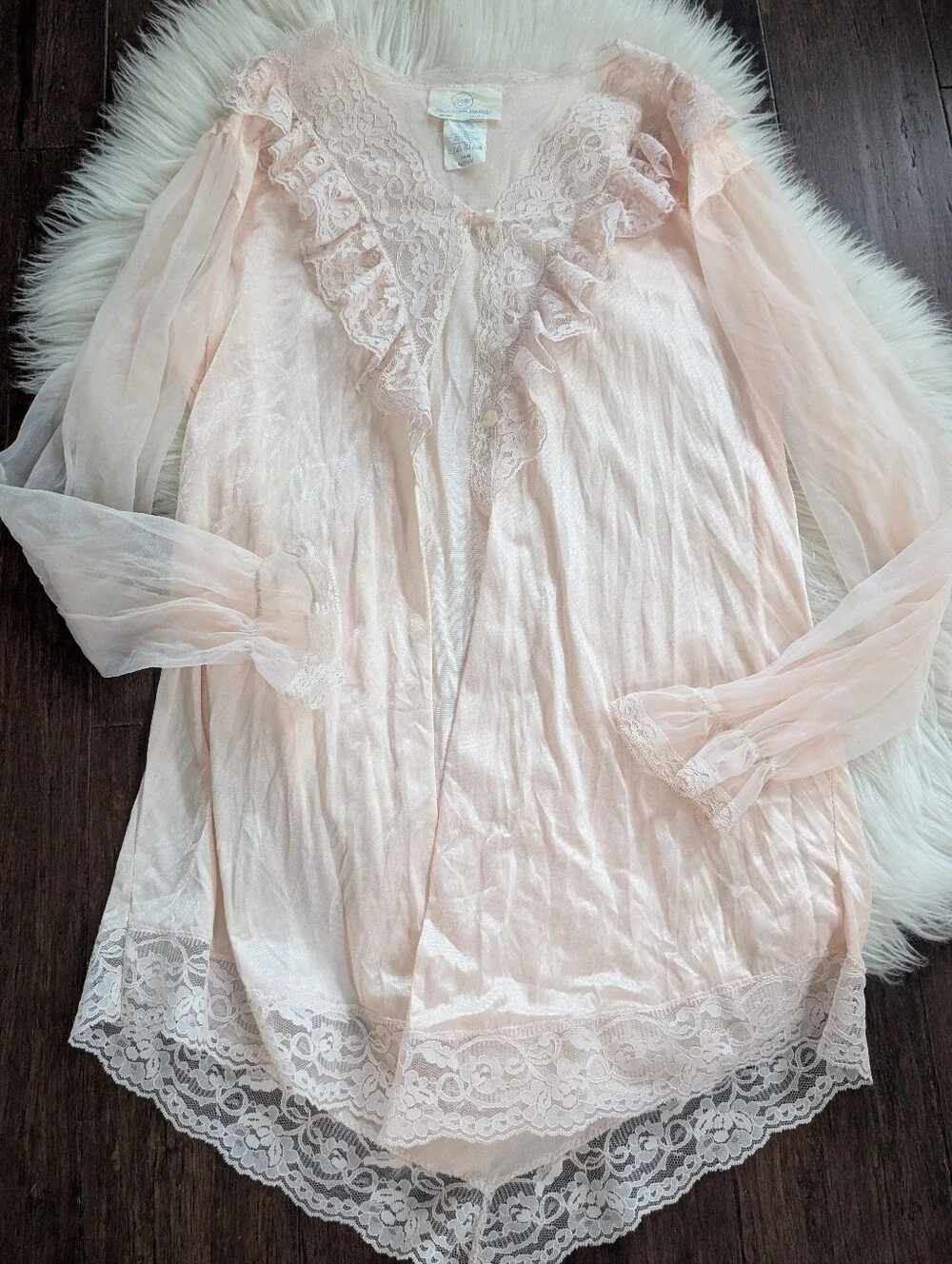 Vintage 1970s Undercover Wear Sheer Lace Teddy Robe Set M Medium Pale Pink - Picture 3 of 10